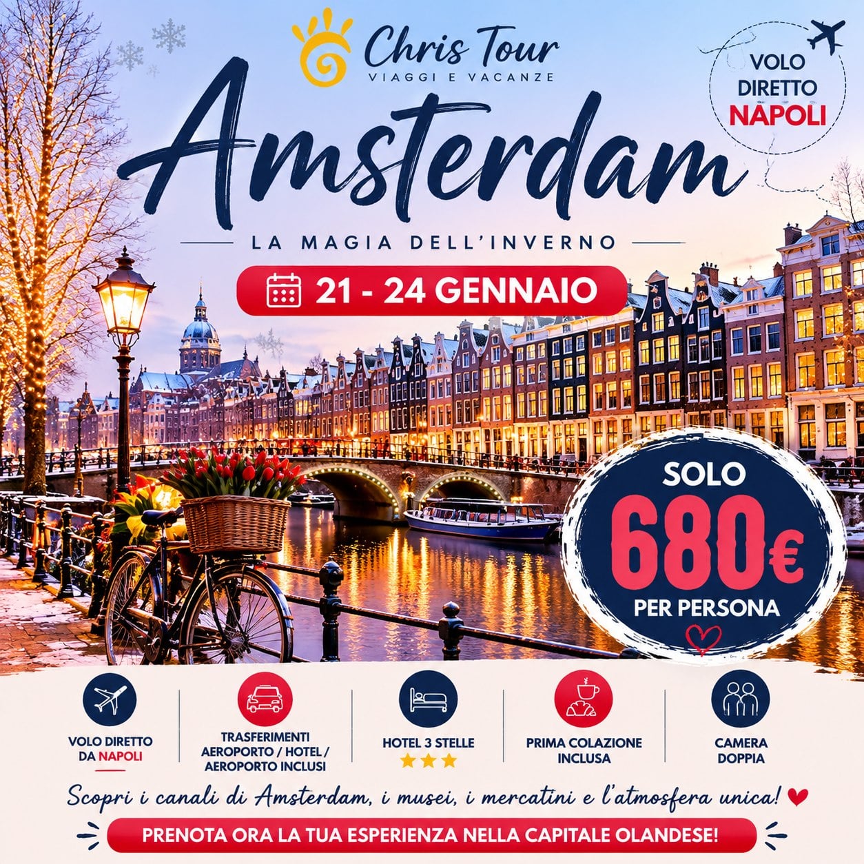 ✨ AMSTERDAM: LA MAGIA DELL’INVERNO TI ASPETTA! ✨

Scopri il fascino della capitale olandese in un periodo speciale dell’anno: canali illuminati, case storiche, atmosfera romantica, shopping, cultura e panorami da cartolina. 🌟

📅 21 – 24 Gennaio
✈️ Volo diretto da Napoli
🧳 Solo piccolo bagaglio a mano 40x30x20 cm per persona
🚐 Trasferimenti aeroporto/hotel/aeroporto inclusi
🏨 Hotel 3 stelle
🥐 Prima colazione inclusa
🛏️ Camera doppia

💙 SOLO 680€ A PERSONA

Vivi un’esperienza indimenticabile tra i celebri canali di Amsterdam, i suoi musei, le vie caratteristiche e il fascino unico della città olandese. 🚲✨

📌 Prenota ora la tua fuga ad Amsterdam!
353 366 1940 
info@christour.it

#ChrisTour #Amsterdam #ViaggiEuropa #WeekendAmsterdam #OfferteViaggi #ViaggiaConNoi #AmsterdamTravel #CityBreak #VacanzeInvernali #ViaggiDiGennaio